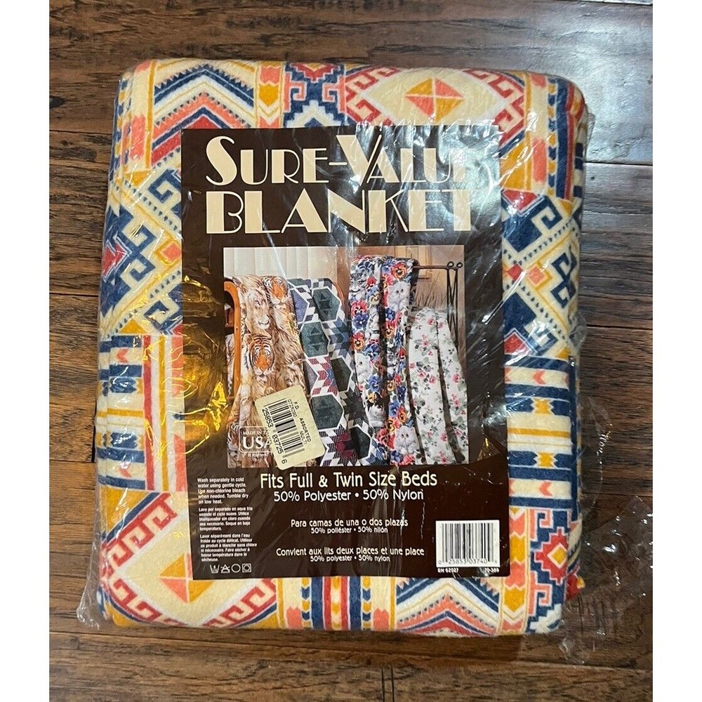 Vtg Sure-Value Aztec Southwestern‎ Blanket Full/Twin 50% Poly 50% Nylon Open Bag